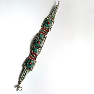 Boho Nepalese lapis / turquoise stone silver bracelet tribal boho ethnic chunky